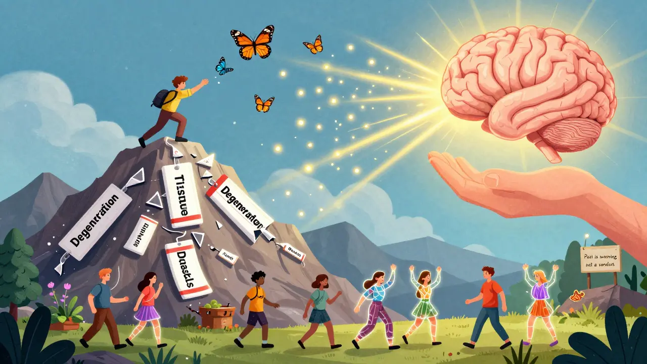 A person climbing a mountain of shattered medical labels, turning into butterflies, as a radiant brain releases golden light below.