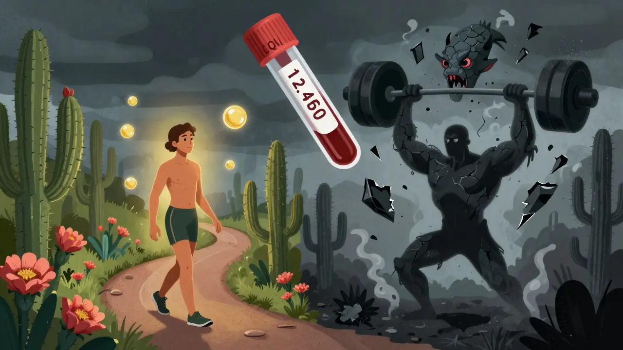 A person walks calmly on one side while another suffers muscle damage from intense exercise, with a blood test showing high CK levels.