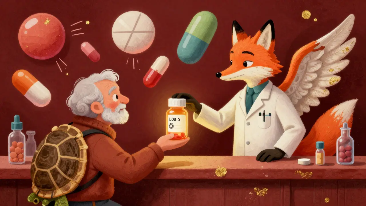 A pharmacist with animal features gives a glowing pill bottle to an elderly patient, with colorful generic pills emitting health data trails.