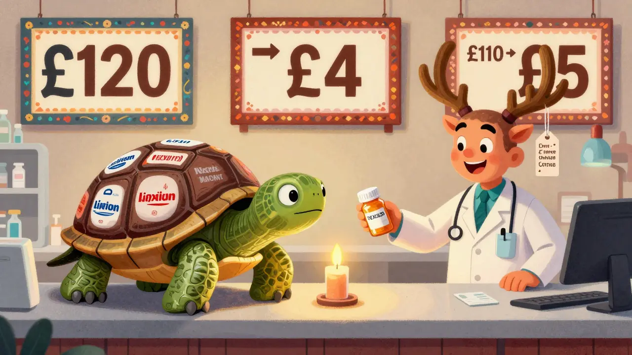 A pharmacy counter with fantastical creatures transforming brand-name pills into cheaper generics, surrounded by floating price savings.