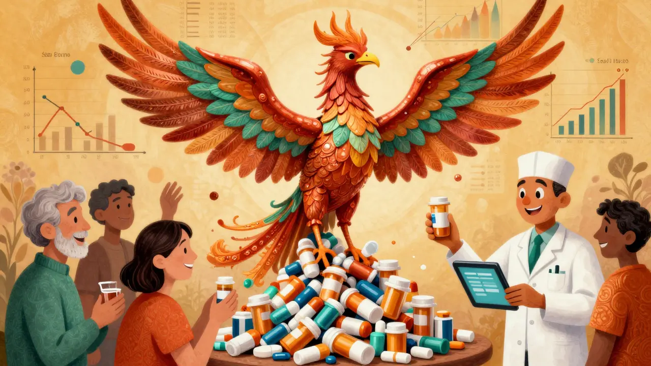 A phoenix made of prescription bottles rises from expired meds, symbolizing inventory renewal in colorful Alebrije illustration.