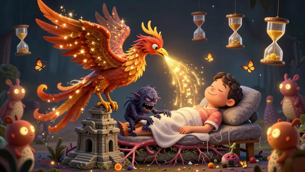 A phoenix-shaped RFA needle disabling a pain-goblin on a temple spine, with hourglasses marking long-term relief.