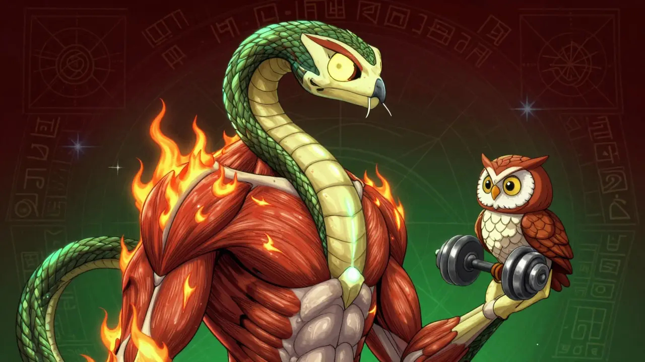 A serpent-like tendon with fiery scales and an owl holding a dumbbell, symbolizing tendon recovery in Alebrije art.