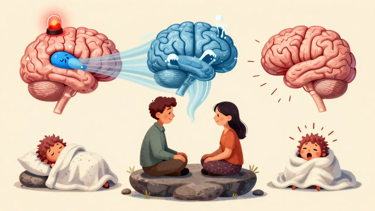 A therapist and patient surrounded by calming alebrije symbols as the brain's pain centers shift from alarm to peace.