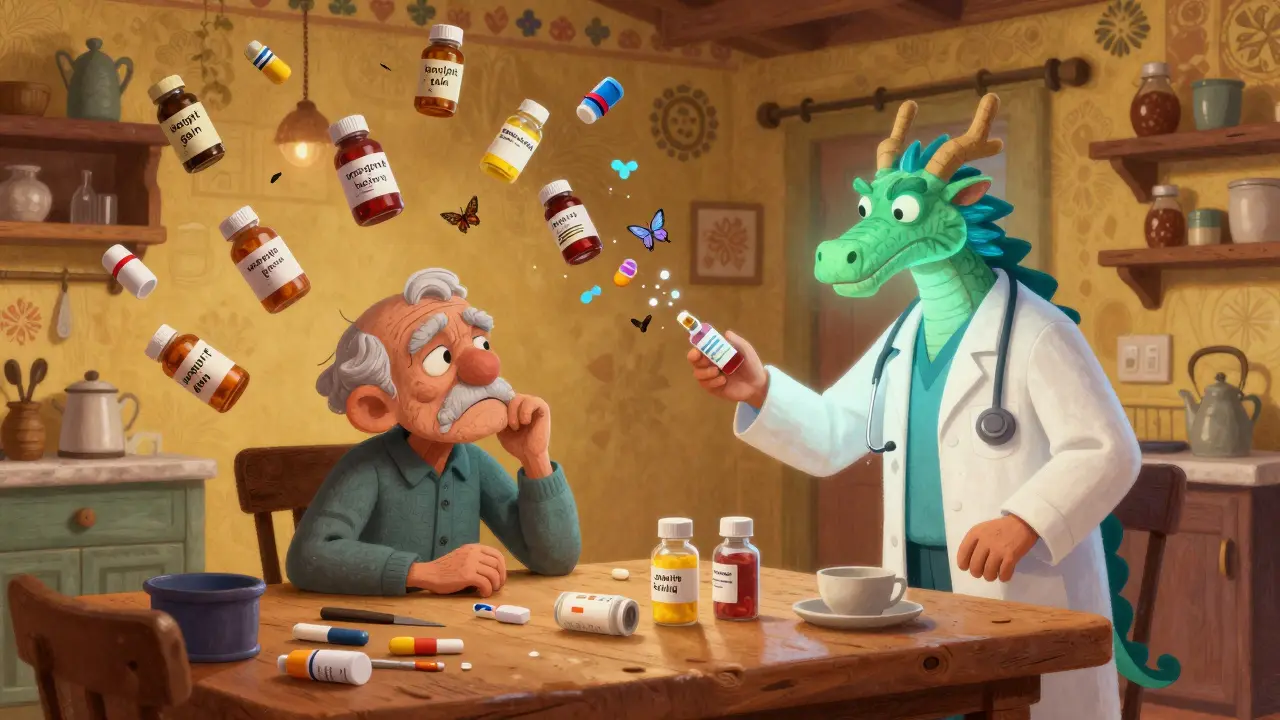An elderly person at a table with chaotic medication bottles, being calmed by a dragon-headed pharmacist as bottles turn to butterflies.