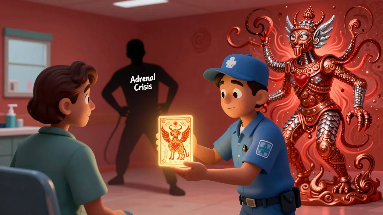 An emergency scene where a paramedic gives a glowing alert card shaped like a sacred animal, while a shadowy crisis figure is repelled by a radiant cortisol guardian.