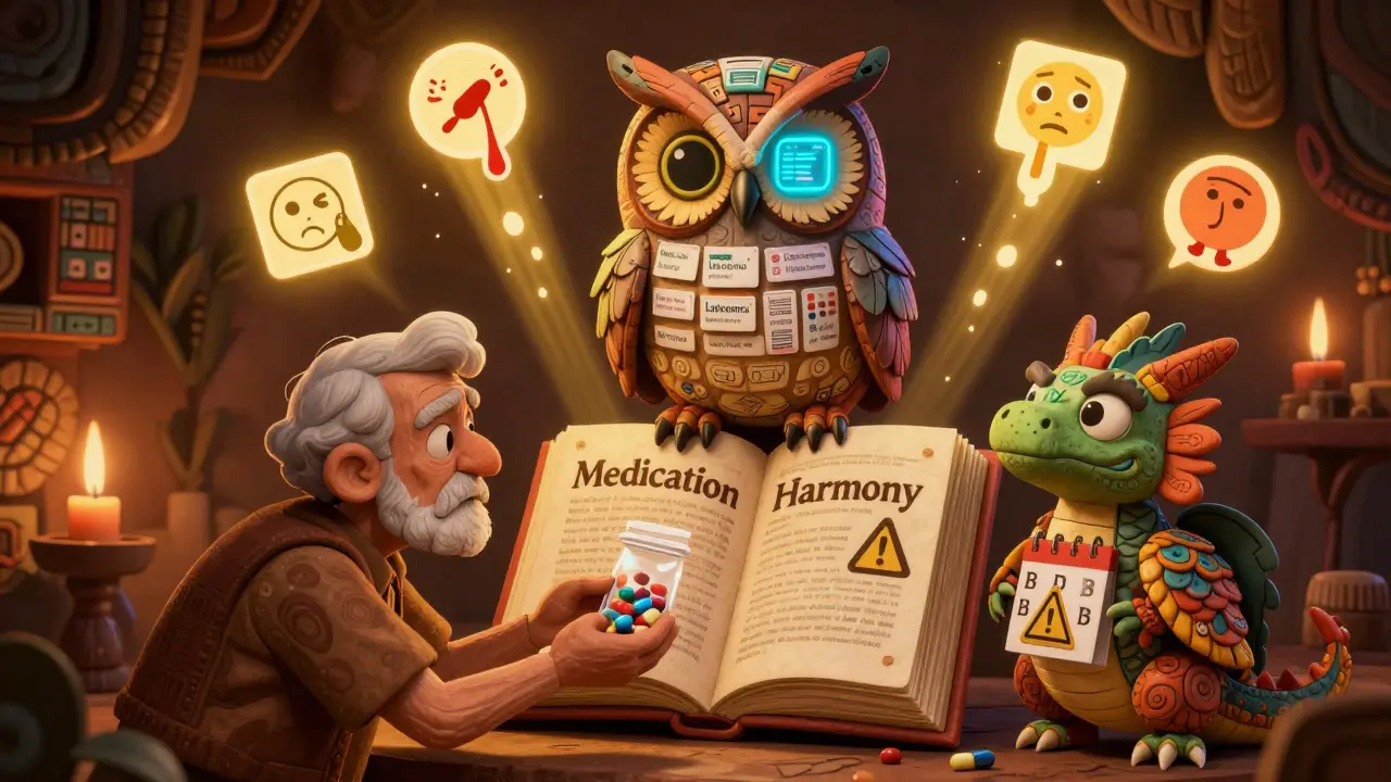 An owl pharmacist with prescription feathers guides a person and a dragon-like creature through a book of medication harmony.