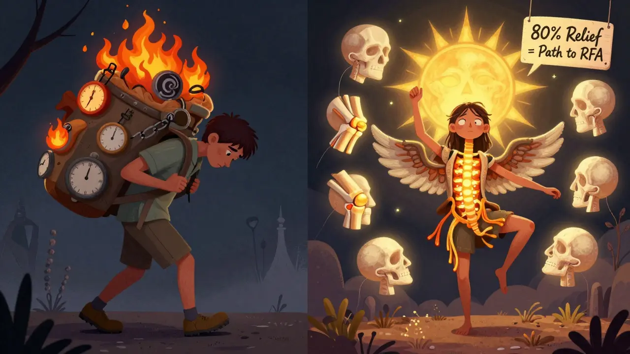 Before-and-after scene: a person shedding a pain backpack to dance under a glowing alebrije spine with healing icons.