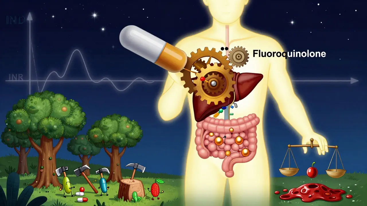 Human torso with liver gears jammed by antibiotics and gut bacteria trees being cut down, vitamin K fruit falling toward a tipping scale.