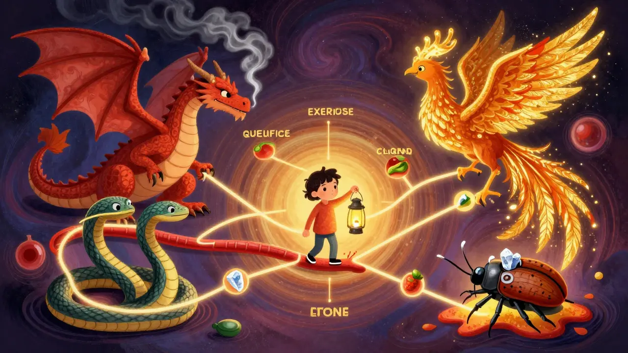 Mythical creatures representing heart risks untangled by a person holding a lantern, all in colorful Alebrije art with gold accents.