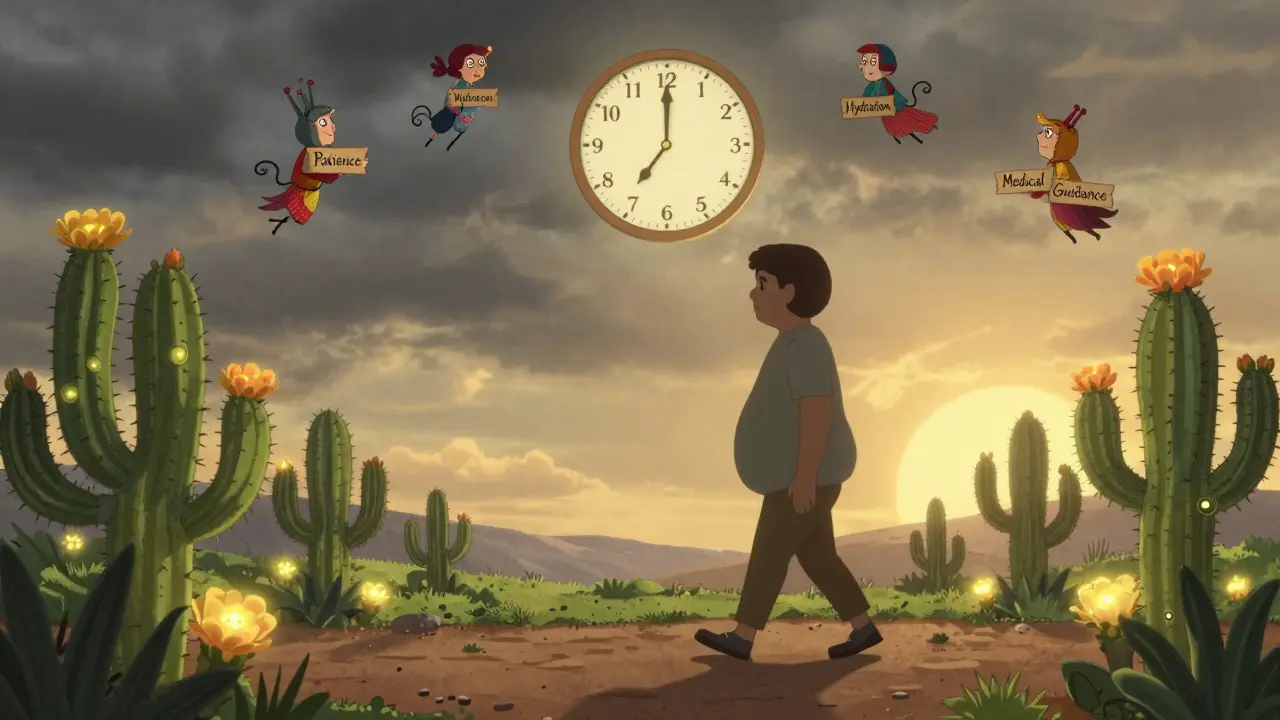 Person walking as their shadow gradually returns to normal shape, guided by celestial spirits and a clock marking 6-12 months of recovery.