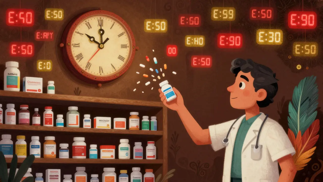 Pharmacy technician reordering pills as a clock with snake hands ticks above glowing expiry alerts in vibrant folk-art style.