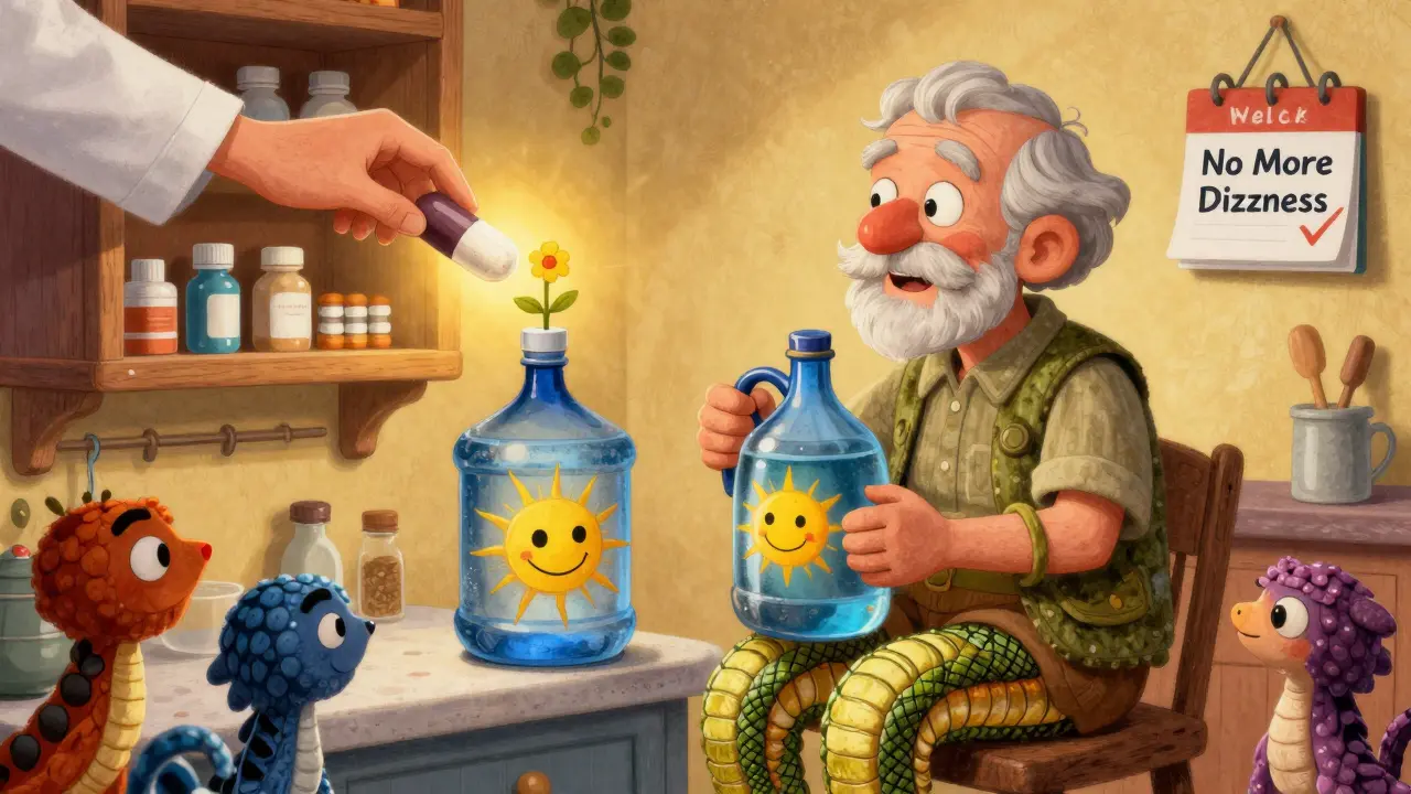 Senior wearing compression stockings and drinking water, with a doctor removing a harmful pill replaced by a flower.