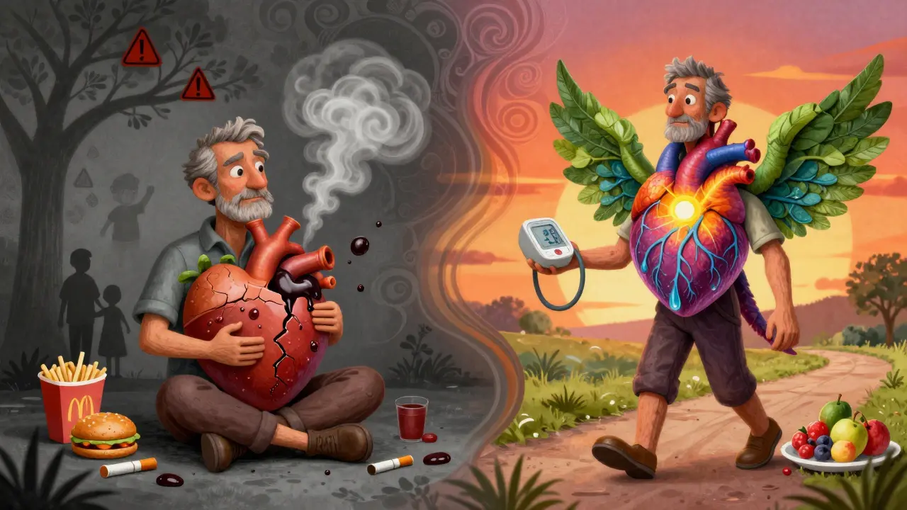 Split scene: a damaged heart with smoke vs. a healed heart with green wings, showing lifestyle transformation in Alebrije style.