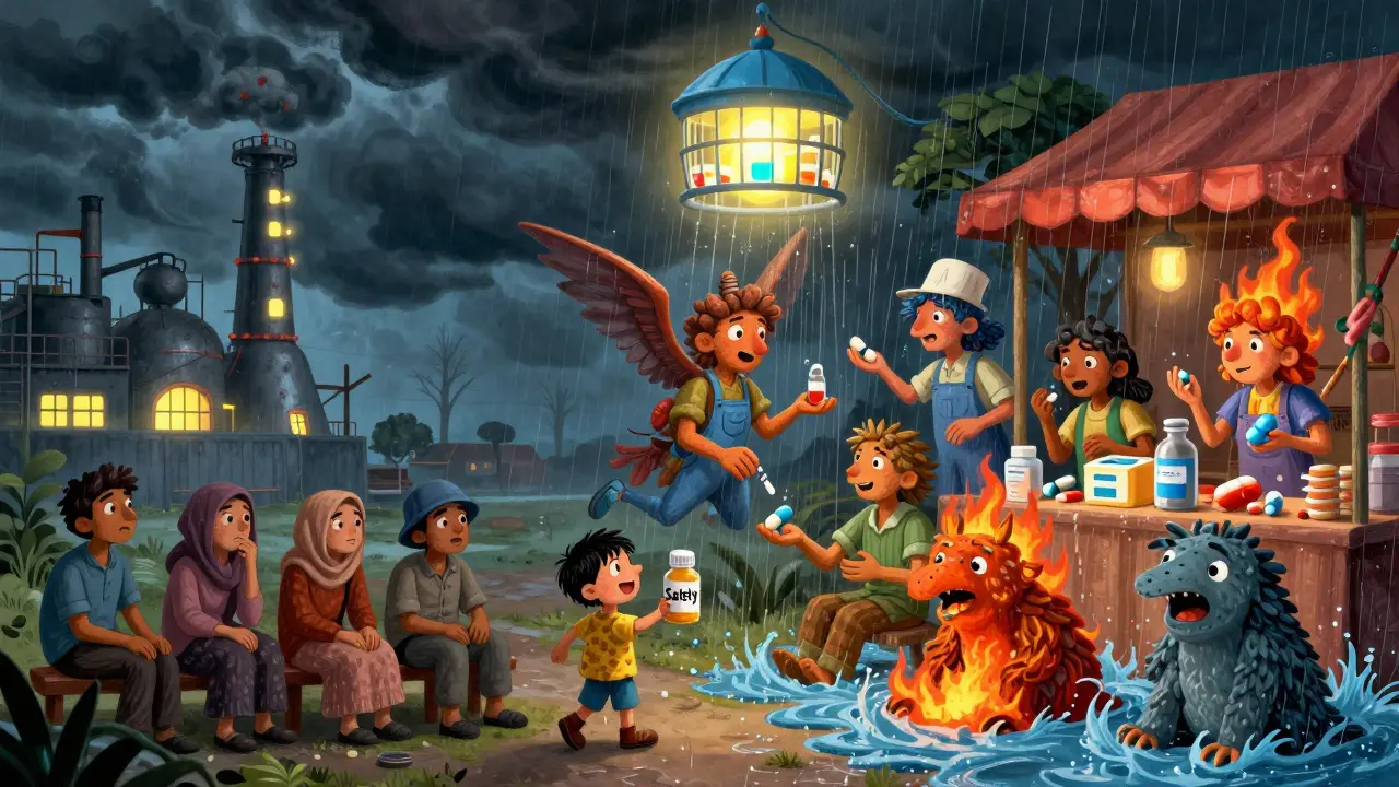 Split scene: one factory at risk vs. many drug-makers delivering medicine, under a glowing Medicare cap.