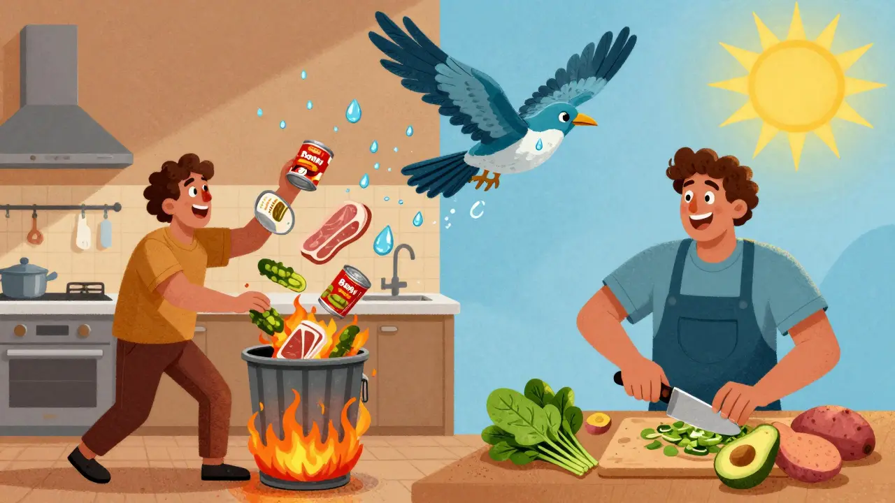 Split scene: person discarding salty foods on one side, preparing healthy meals on the other, with a water-droplet bird flying above.