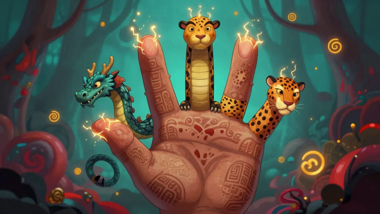 Swollen fingers transformed into colorful alebrije animals with glowing joints and nail pitting patterns.