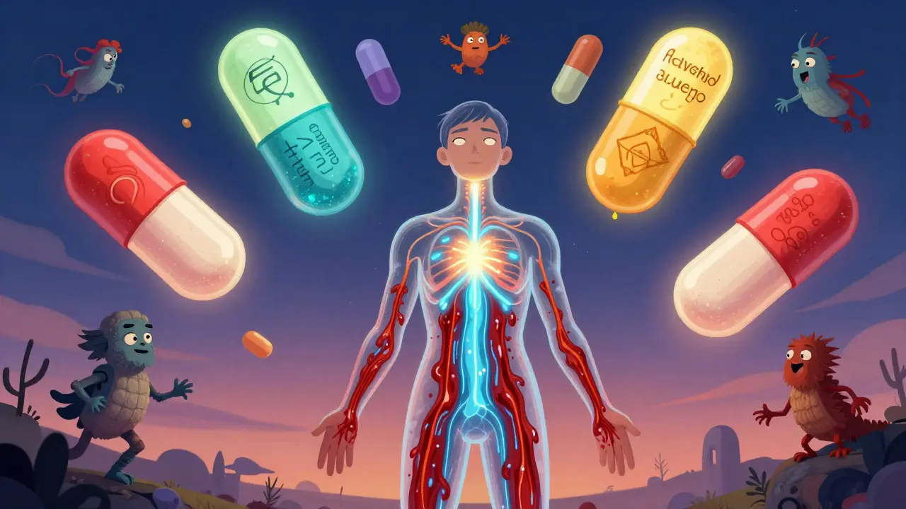 Transparent human body with blood pooling downward, surrounded by glowing drug symbols and alebrije spirits.