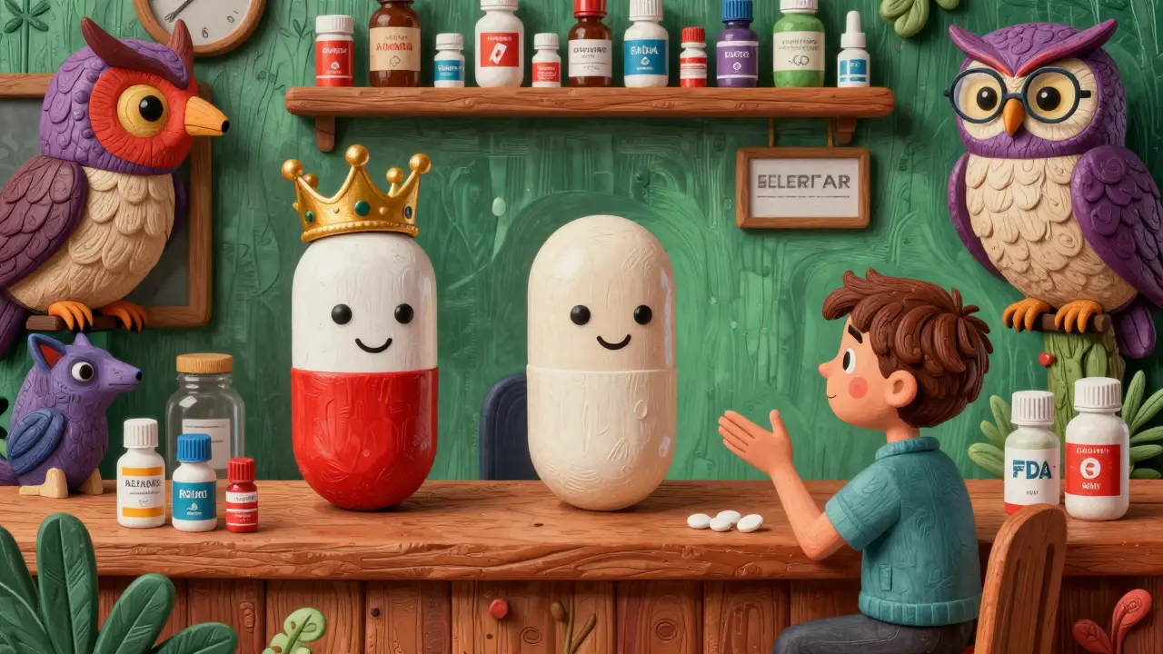 Two identical pills at a magical pharmacy counter, one crowned, one plain, in folk-art style.