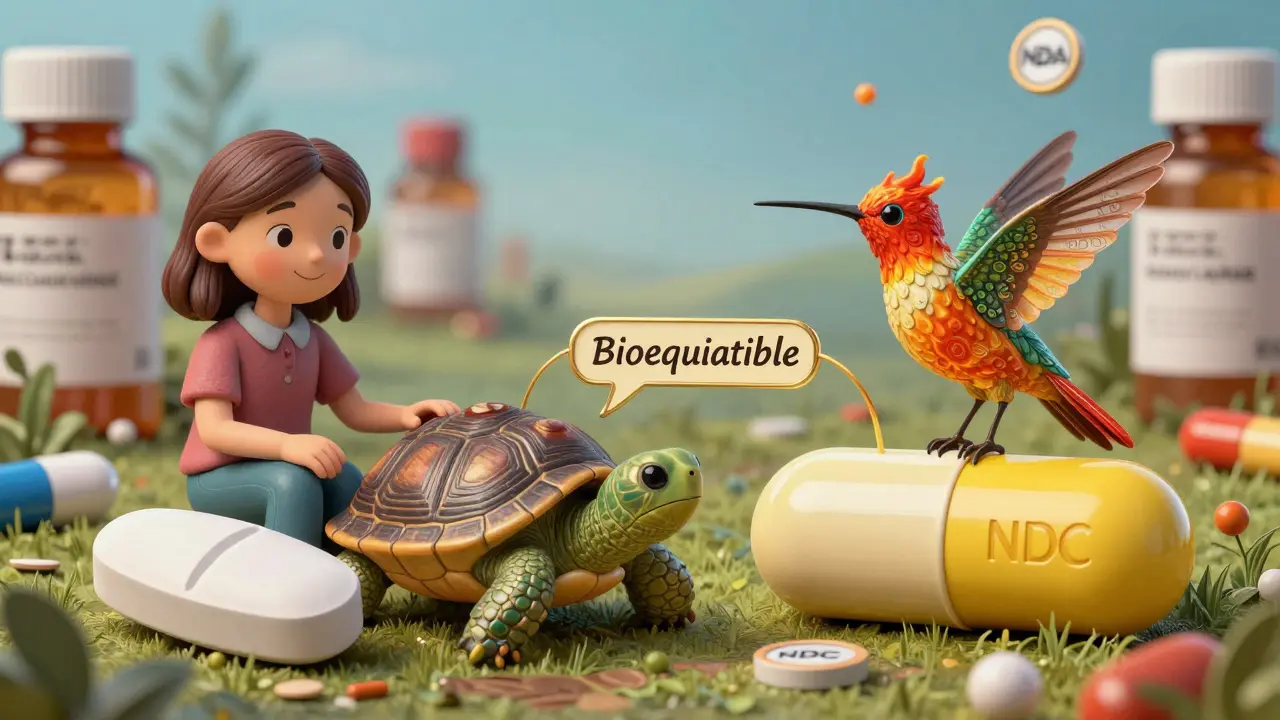 Two pills with different appearances, each linked to a spirit animal, connected by a golden thread labeled 'Bioequivalent'.