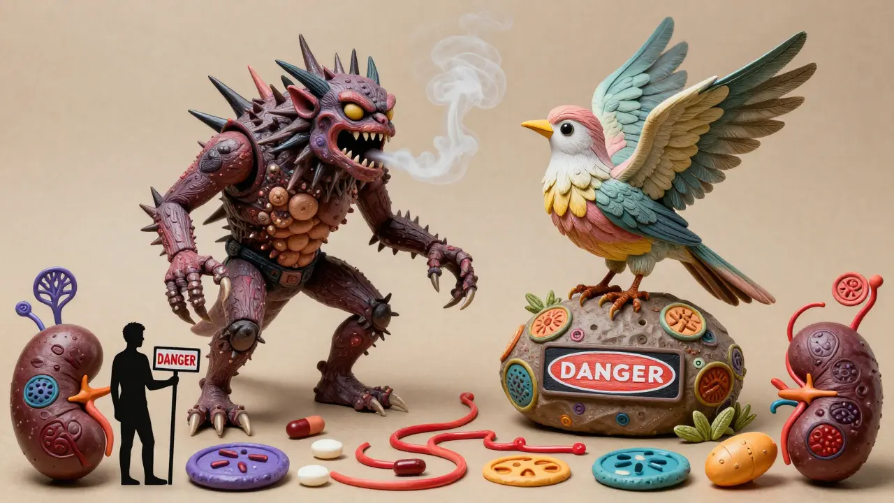 A clarithromycin beast versus a gentle azithromycin bird, symbolizing dangerous vs. safe antibiotic choices.