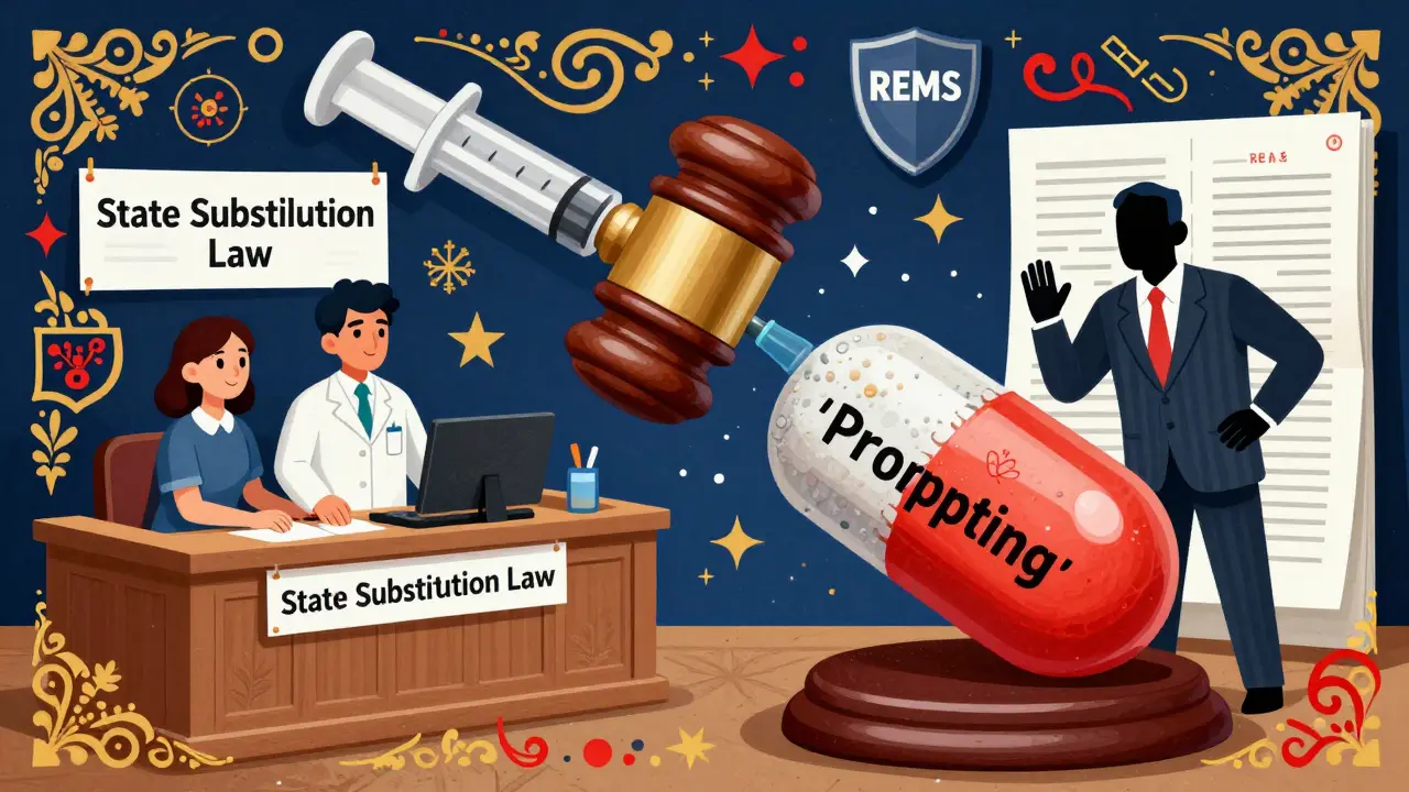 A courtroom scene with a syringe gavel striking down a product-hopping drug capsule, surrounded by legal symbols.