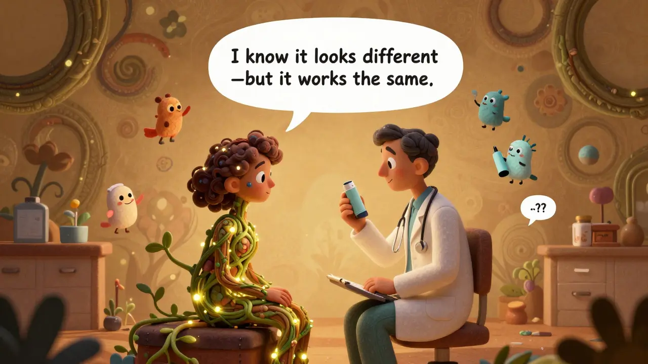 A doctor and patient sit together with vines connecting them, a dialogue bubble reads 'it works the same,' as tiny creatures represent trust-building moments.