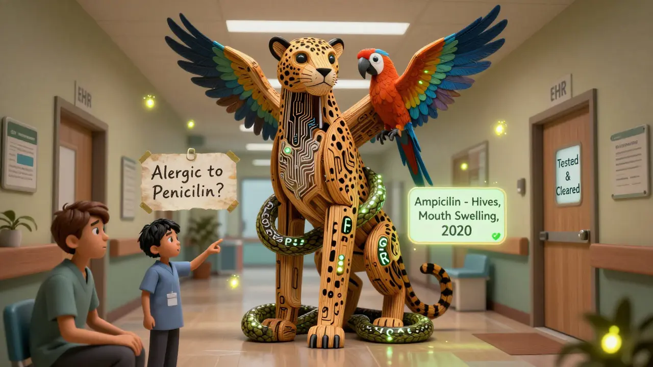 A fantastical EHR system made of animal spirits correcting an inaccurate allergy label with glowing accurate data.