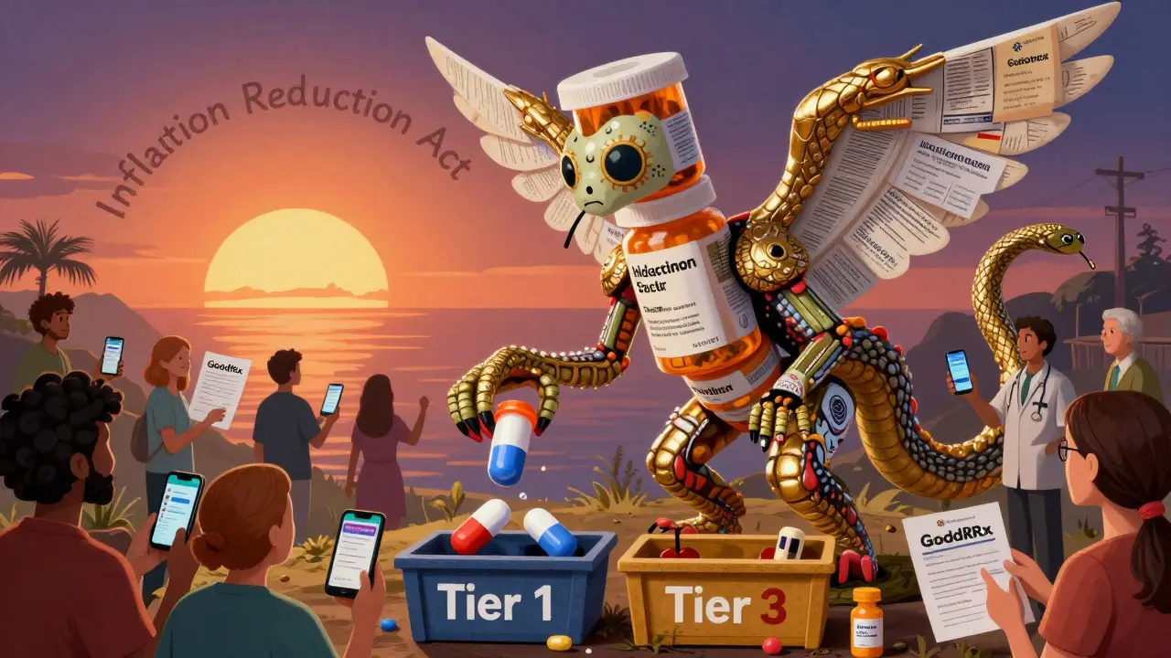 A giant healthcare alebrije placing pills into tiered bins as patients and sunlight bring change, all in ornate Mexican folk art style.