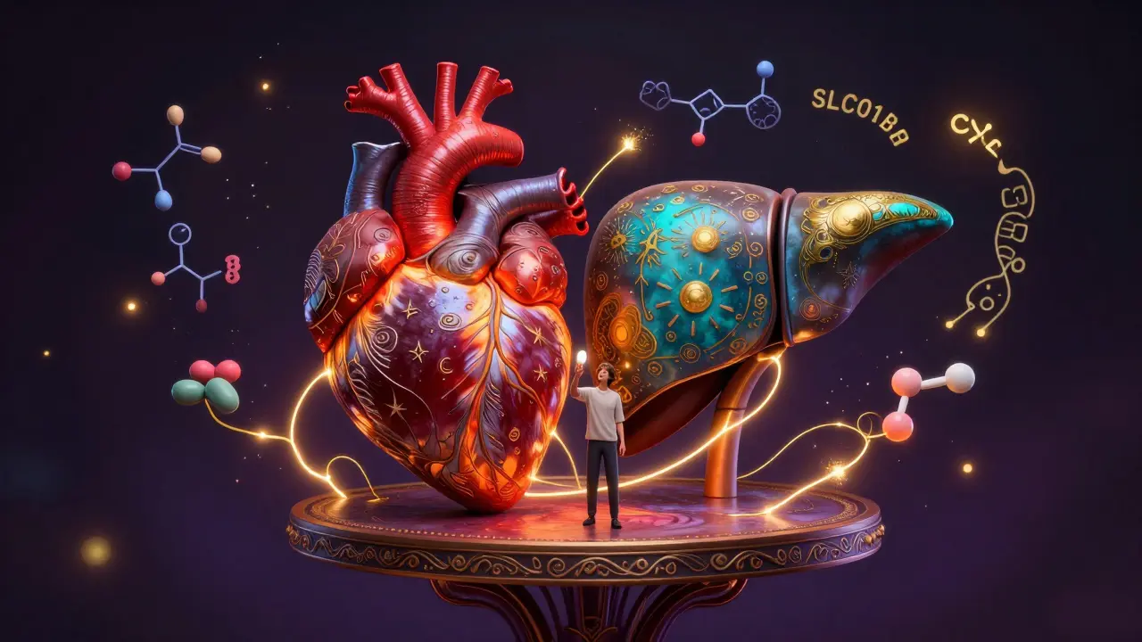 A heart and liver connected by golden threads, surrounded by swirling genetic patterns in Alebrije style.