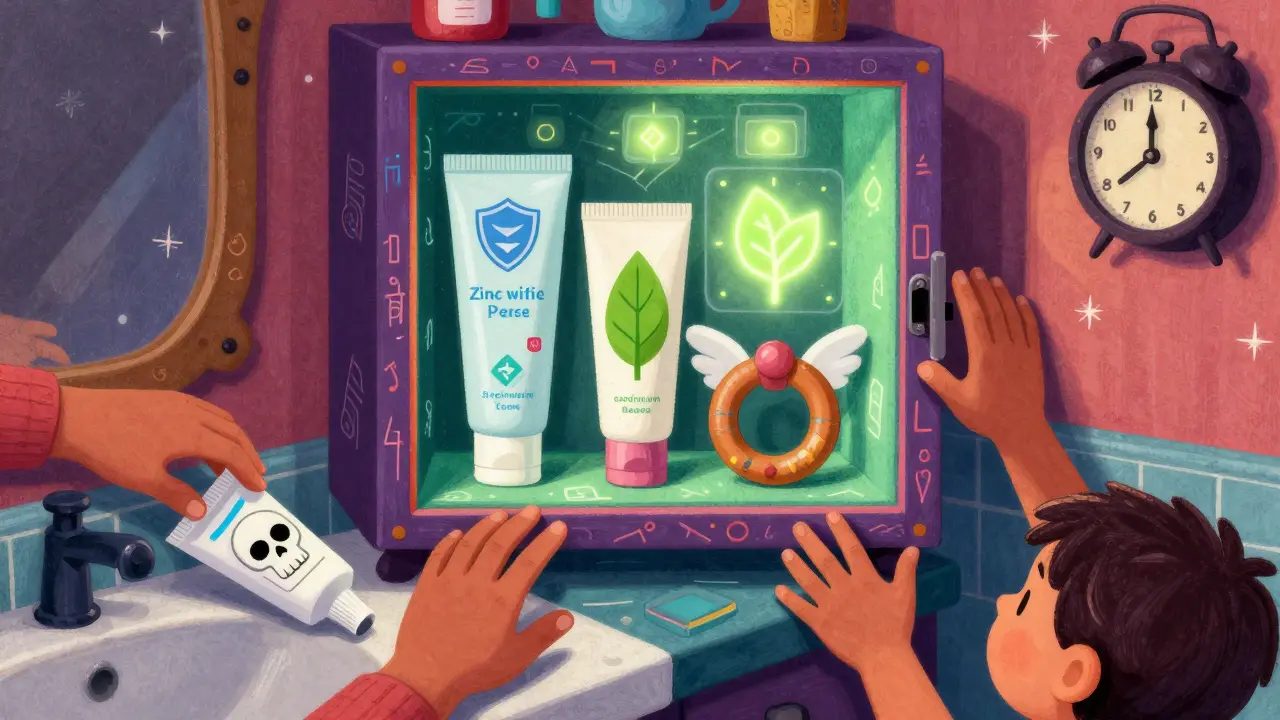 A locked cabinet with safe alternatives glowing, while chaotic hands reach for dangerous creams in Alebrije style.