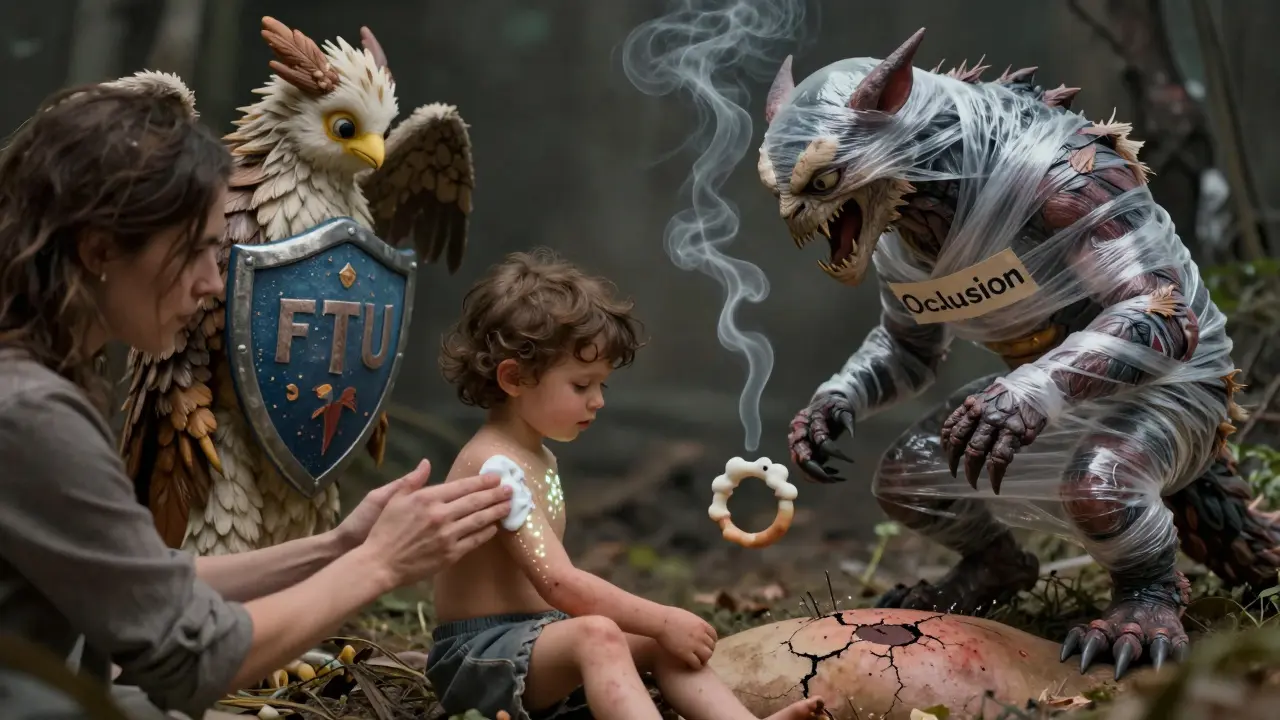 A parent applying cream as protective and dangerous creatures represent safe vs. risky use in Alebrije art.