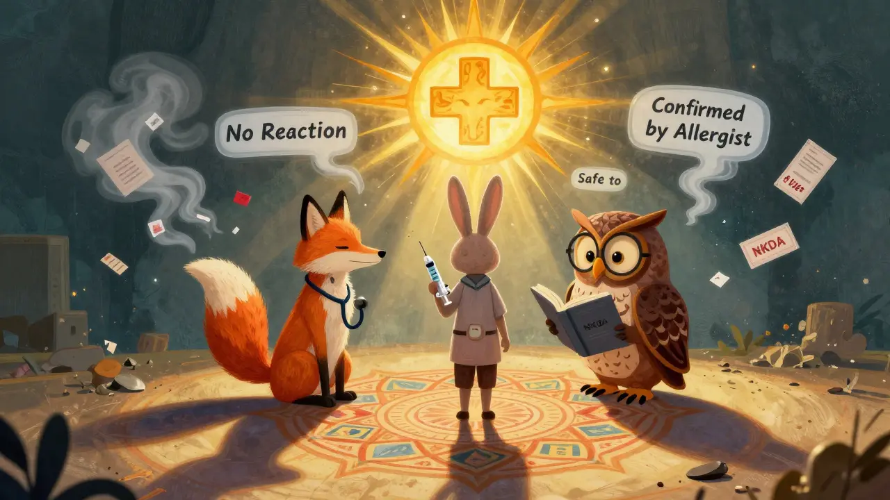 A patient at the center of a healing mandala, with fading wrong allergy labels dissolving as accurate ones appear.