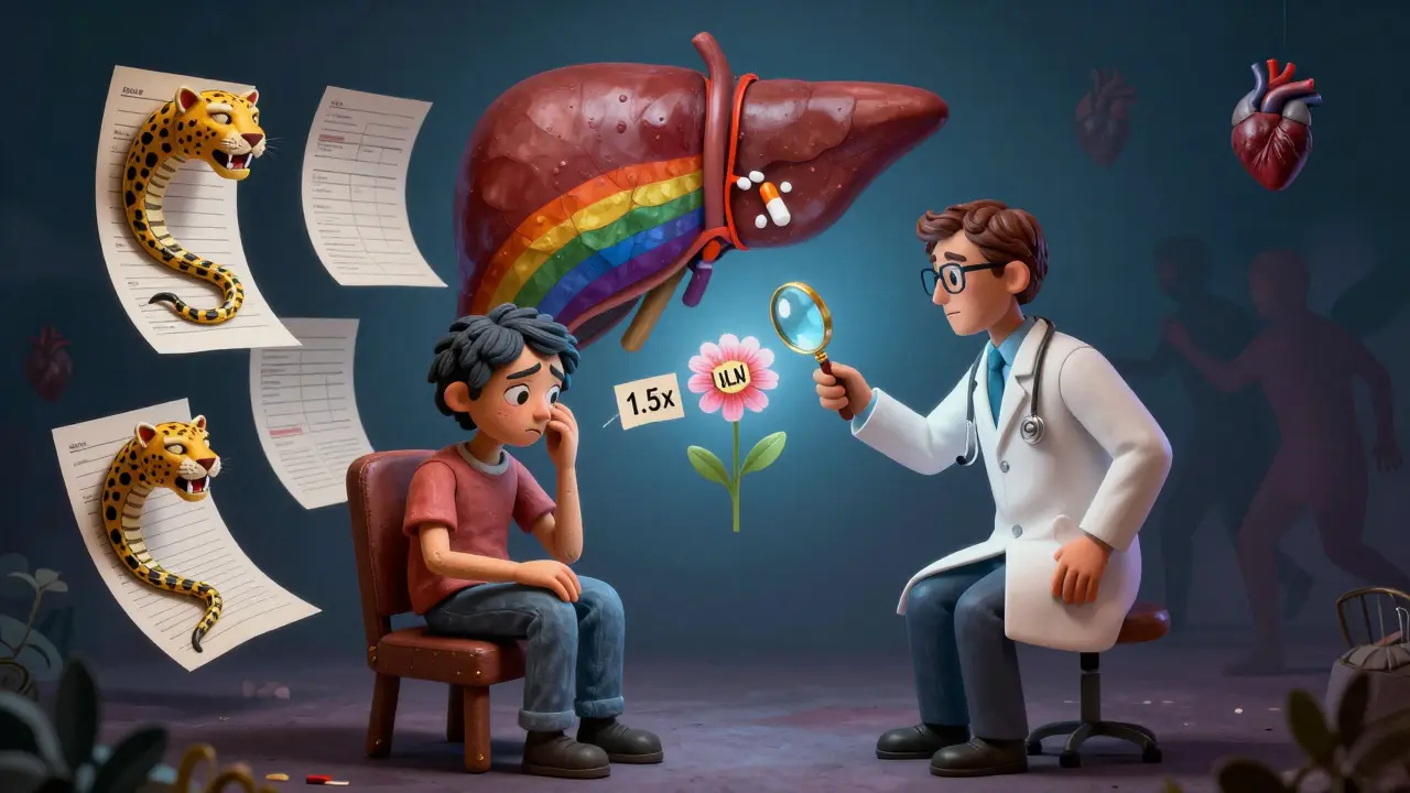 A patient calm amid floating lab reports, as a doctor turns a mild enzyme rise into a flower.