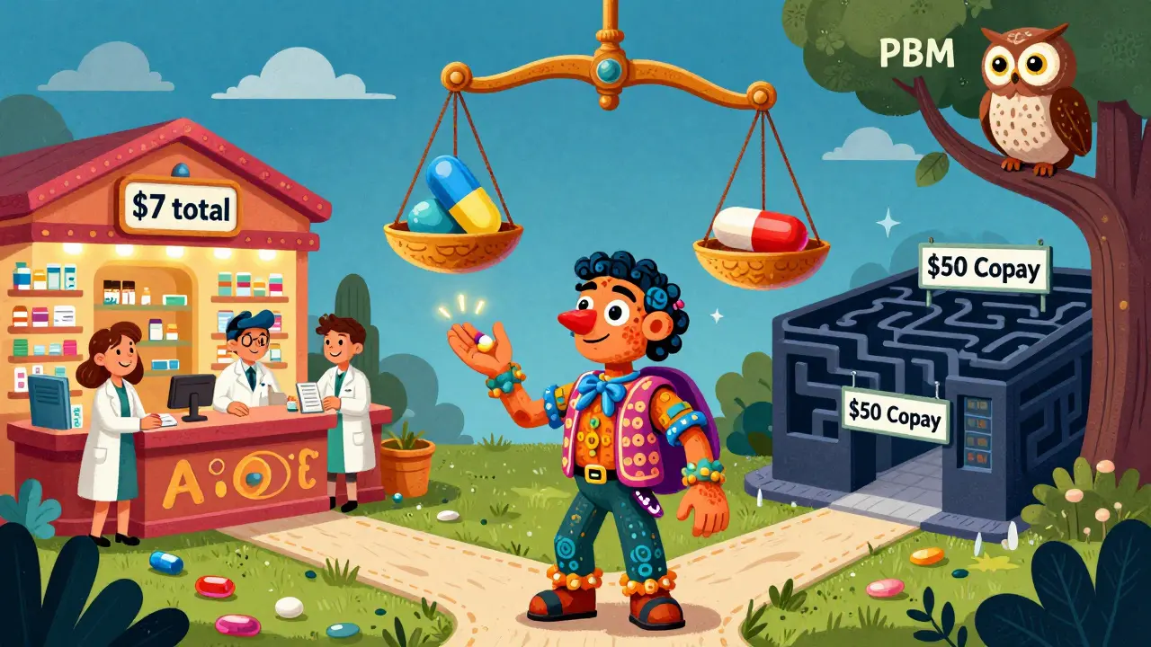 A patient choosing between two cheap pills and one expensive combo pill, with paths leading to savings or high costs in colorful Alebrije style.