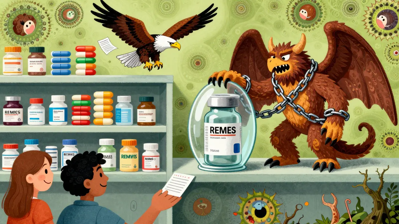 A pharmacy shelf split between thriving generics and a guarded branded drug, watched over by an FTC eagle.