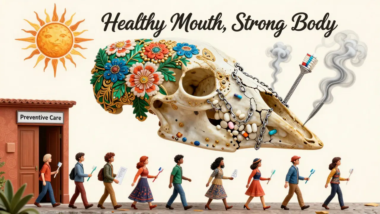 A split jawbone floating in air, one side thriving with flowers, the other chained by pills, as people walk toward preventive care.