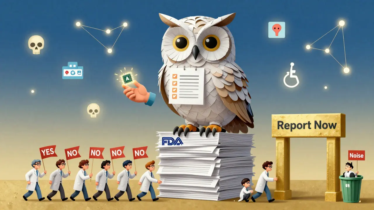 A wise alebrije owl guiding researchers with AI and checklists, directing some to report and others to discard noise.