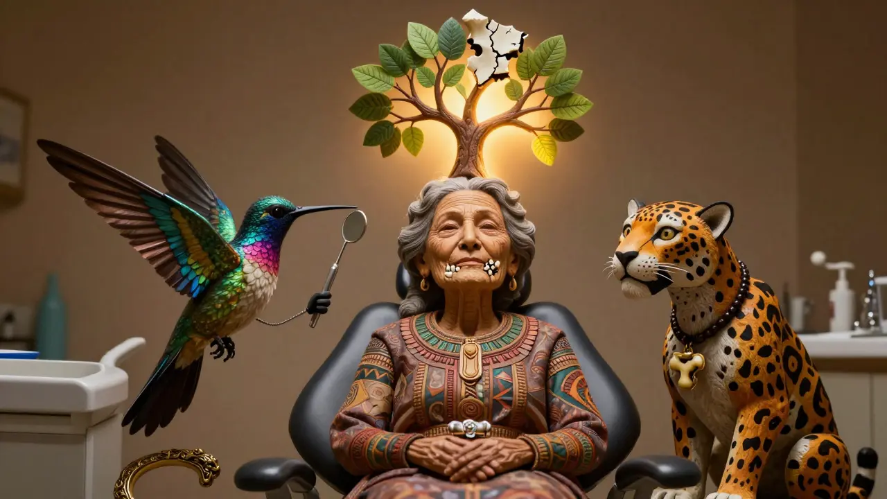 An elderly woman with spirit animals beside her, one side of her jaw healthy, the other showing bone damage from medication.