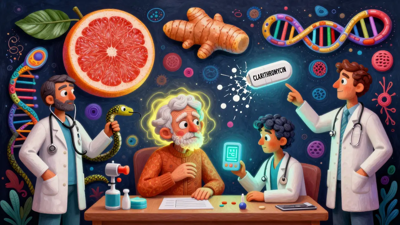 An emergency room with fantastical creatures and warning symbols, illustrating colchicine toxicity risks in Alebrije art.