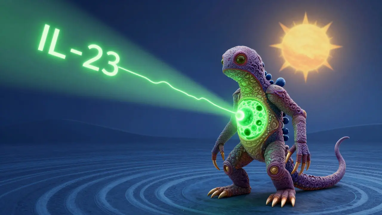 Creature with IL-23 pathway targeted by beam, rising sun symbolizing new advancements.