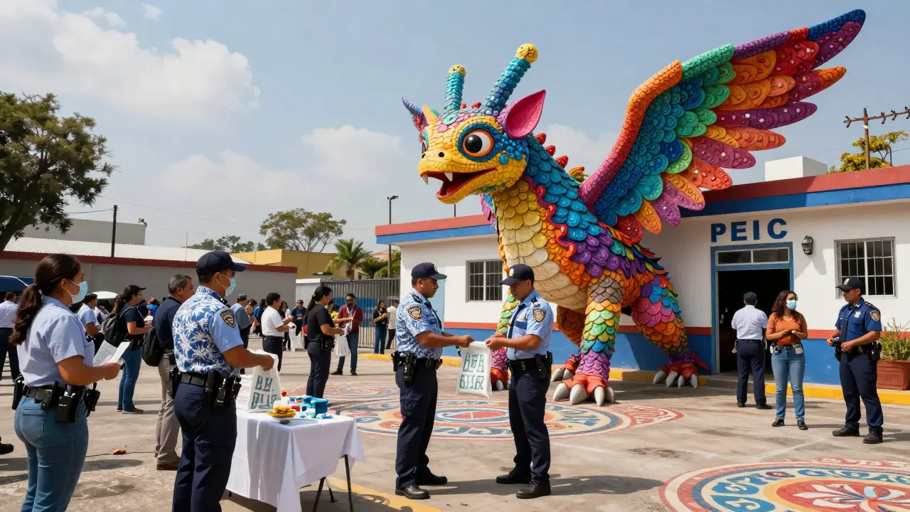 DEA Take-Back Day event at police station with Alebrije-style creature building.