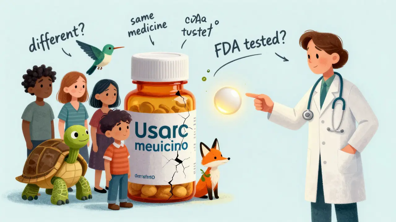 Diverse patients stand beside a cracked brand pill bottle as a pharmacist points to a glowing generic pill with affirming words floating nearby.