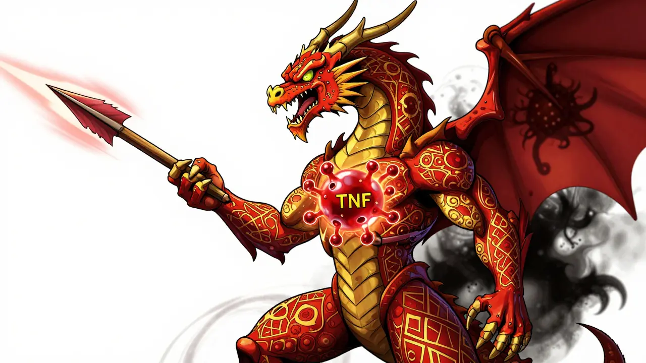 Dragon-like creature with TNF molecule struck by arrow, infection shadow nearby.