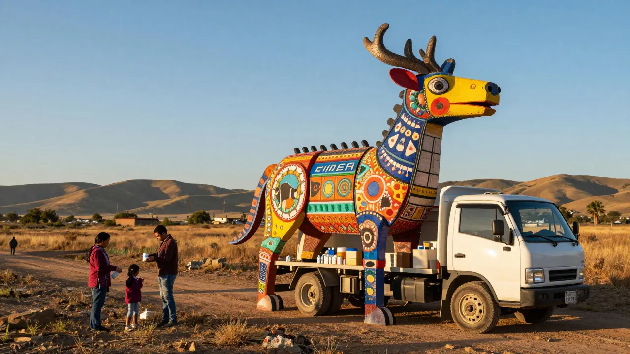 Mobile DEA collection unit as Alebrije creature in rural setting.