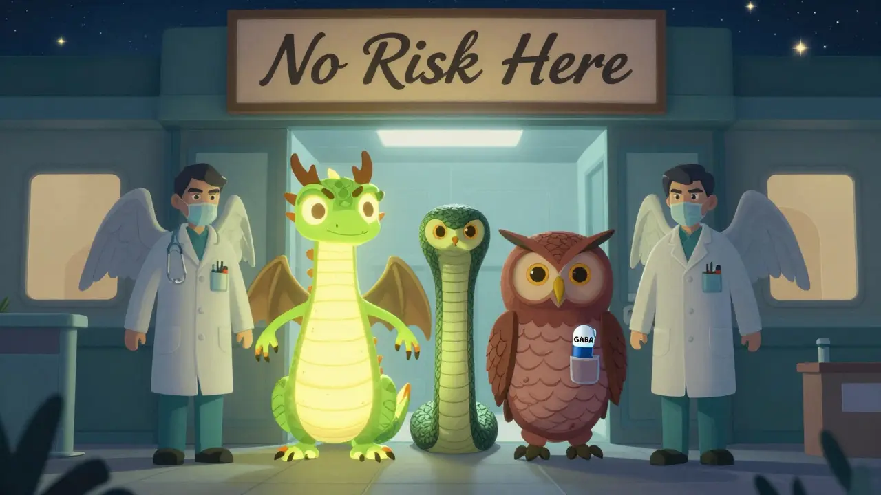 Mythical creatures like a phenibut dragon and kava serpent being escorted from an ER, while a small GABA capsule remains harmless in a pocket, in vibrant Alebrije style.