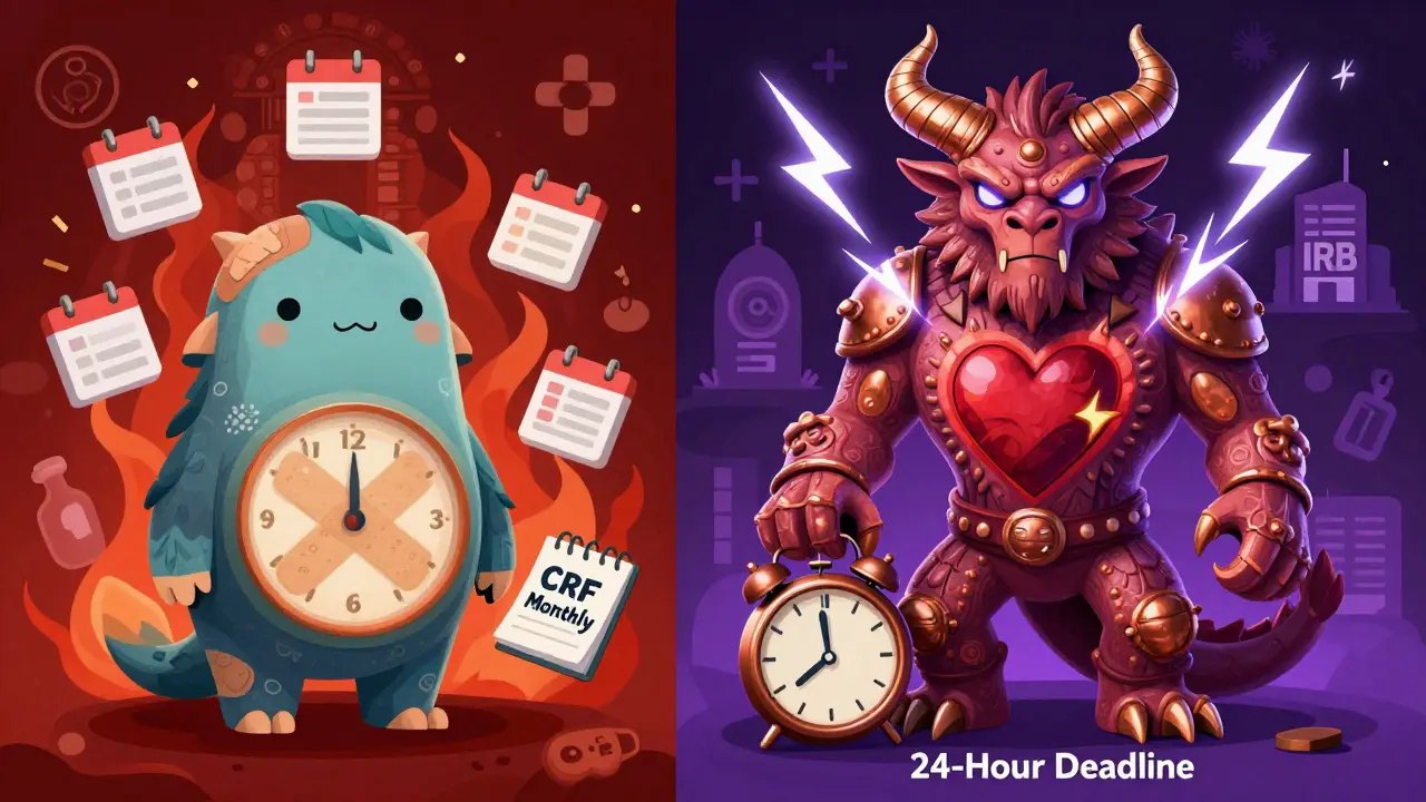 Split scene: a calm alebrije for non-serious events vs a fierce one for serious events, with clock destruction and IRB lightning.