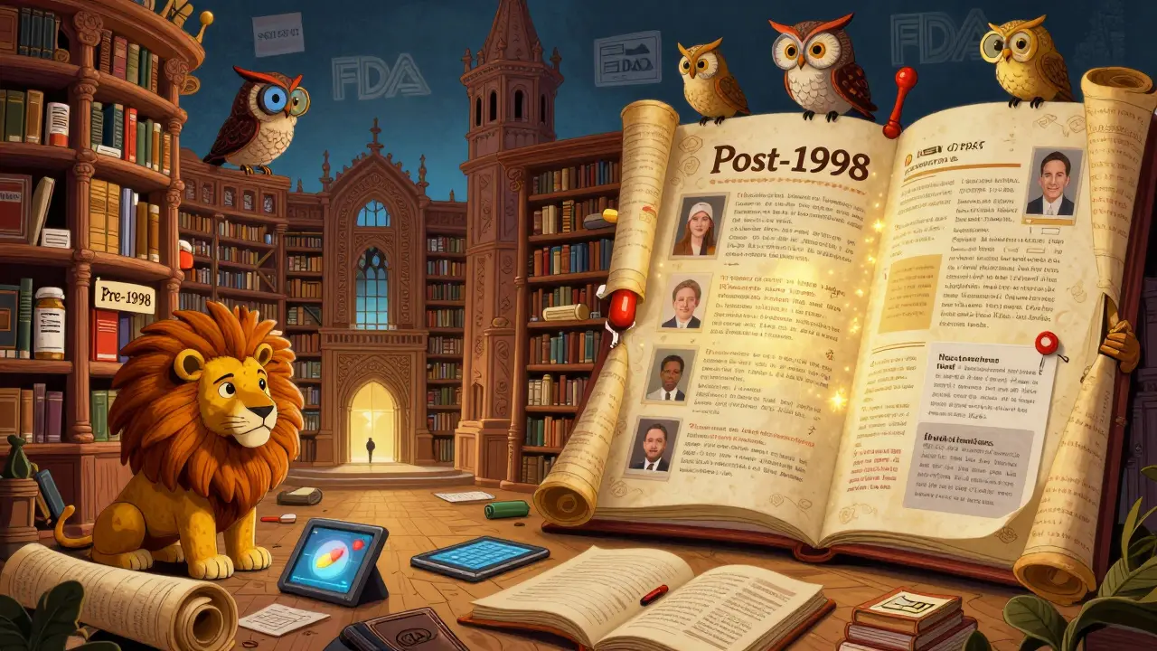 A cathedral-like library of drug records shaped as mythical creatures, lit differently by approval eras.