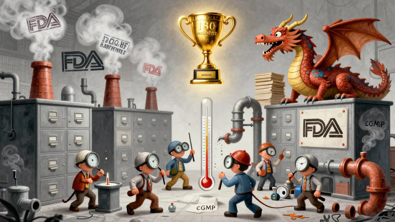 A fantastical drug factory with worker creatures repairs manufacturing issues while a golden exclusivity trophy glows nearby.