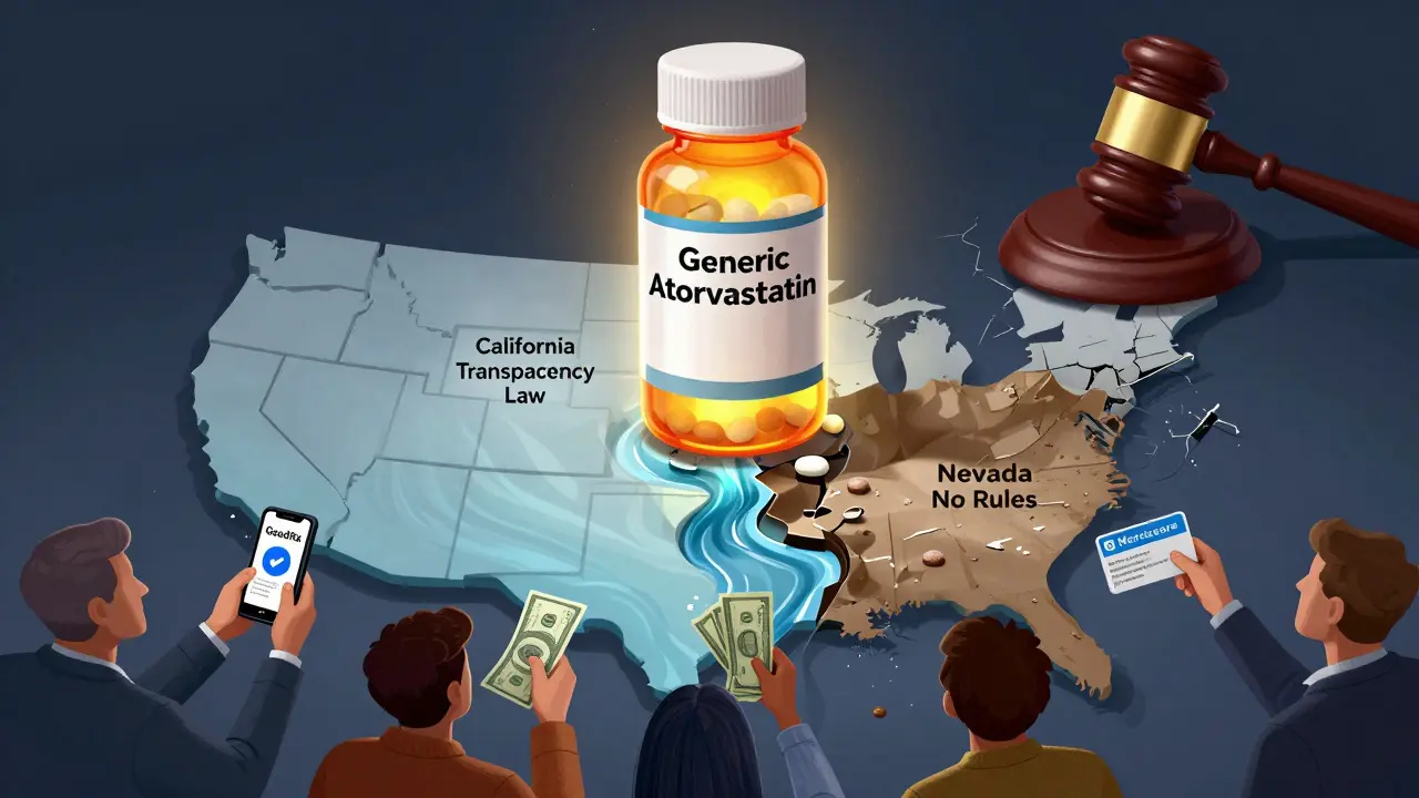 A giant generic pill bottle casts diverging price rivers over a fractured U.S. map, with patients reaching for cash, apps, and Medicare, while a cracked gavel casts shadows.